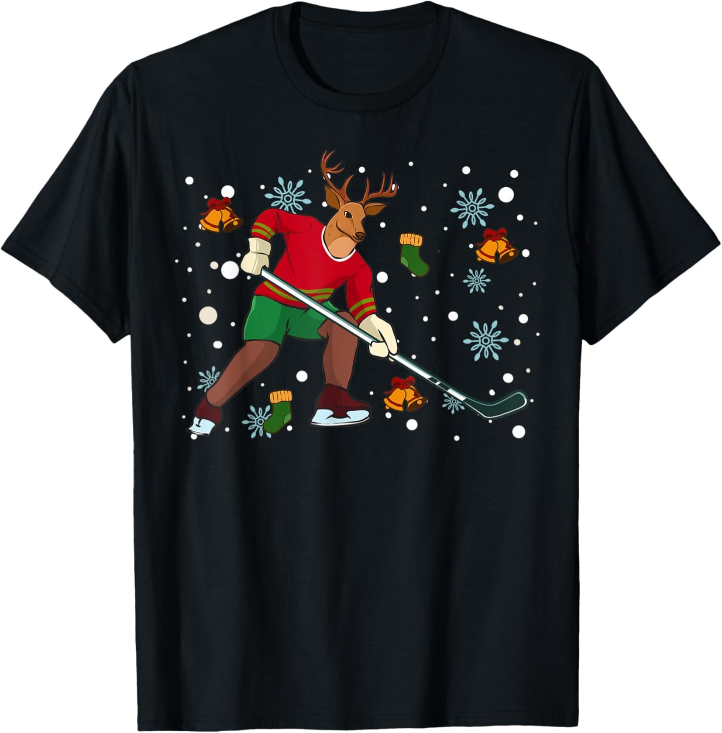 Reindeer Playing Hockey Merry Christmas Kids Youth Hockey T-Shirt - T-Shirt | Black