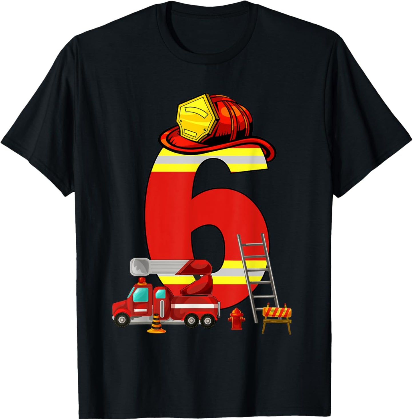 Fire Truck 6th Birthday Boy 6 Year Old Toddler Firefighter T-Shirt - T-Shirt | Black
