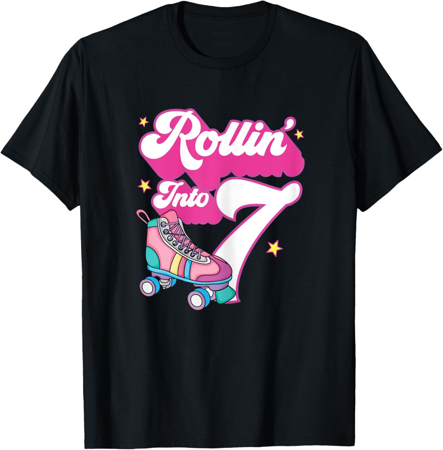 Rollin' Into 7 Roller Skating 7th Birthday Bday Girl Skate T-Shirt - T-Shirt | Black
