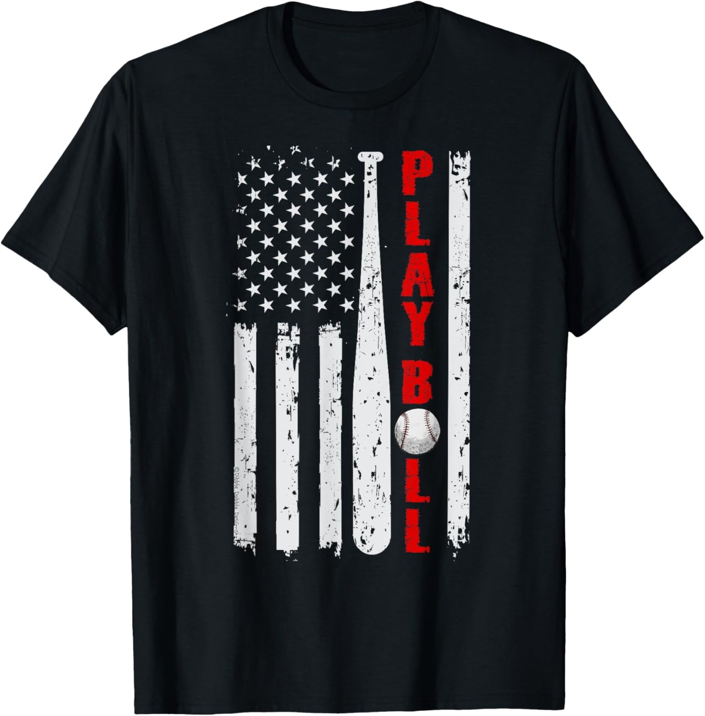 Baseball USA Flag Ball and Bat PLAY BALL Softball Baseball Women Girls Kids Men T-Shirt - T-Shirt | Black