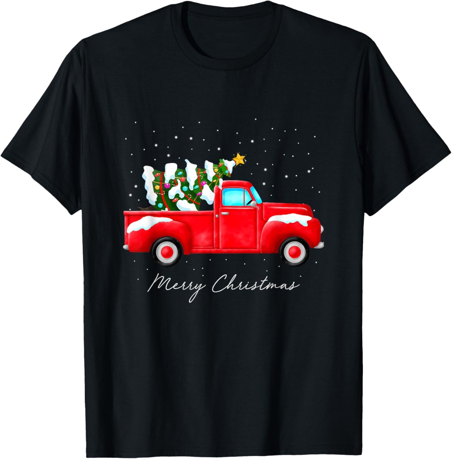 Red Truck Christmas Tree Lights Family Matching Vintage T-Shirt - T-Shirt | Black