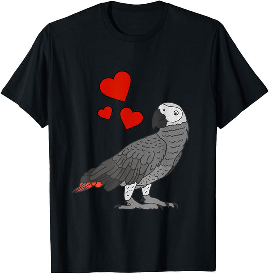 Cute African Gray Parrot with Hearts T-Shirt - T-Shirt | Black