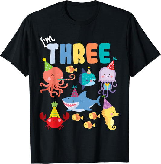 Cute Sea Animals Ocean Creatures Party 3rd Birthday 3 Three T-Shirt - T-Shirt | Black