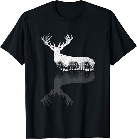 Animal Outdoor Trees Nature Forest Wildlife Reflection Deer T-Shirt - T-Shirt | Black