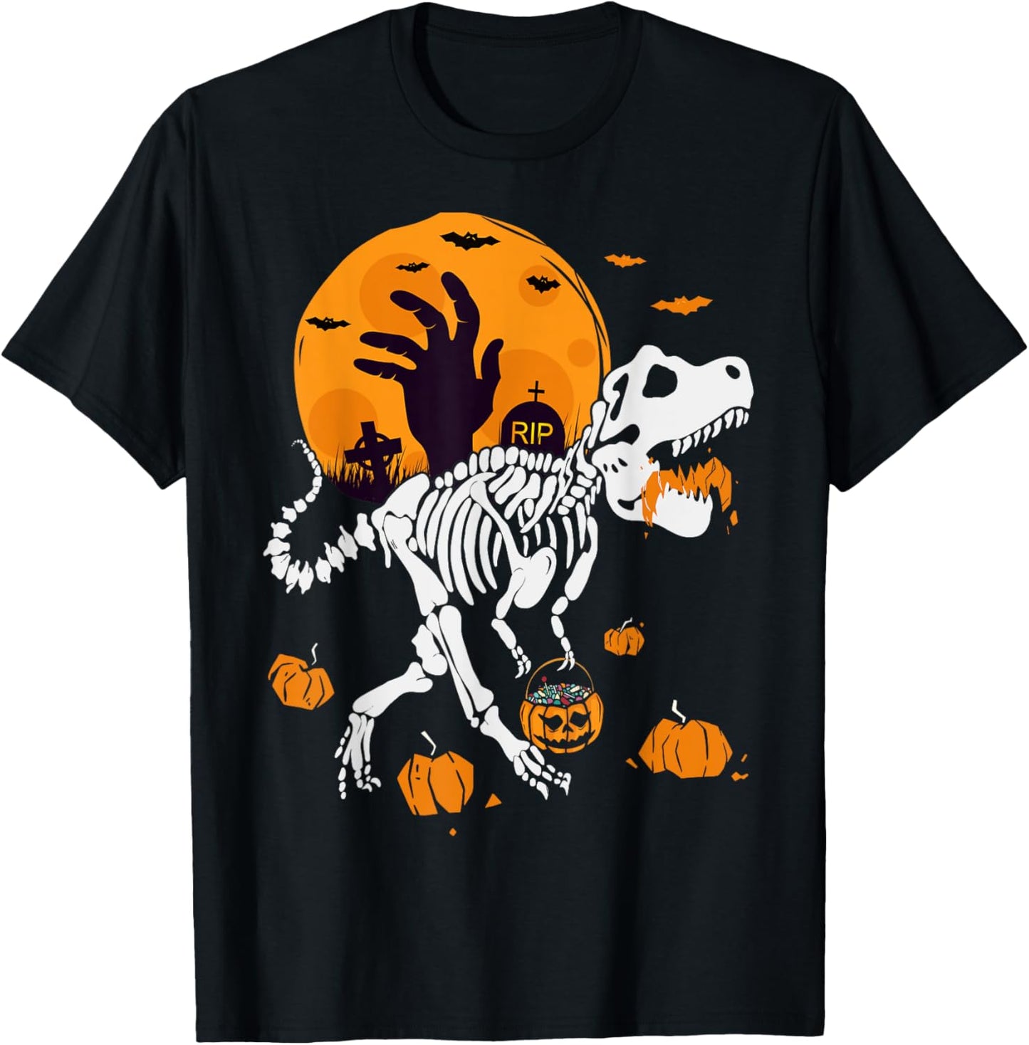 Pumpkin Trex with Moon Halloween Dinosaur Skeleton T-Shirt - T-Shirt | Black