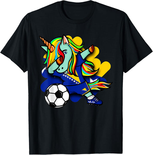 Cute Dabbing Unicorn Bosnia Herzegovina Soccer Lovers Jersey T-Shirt - T-Shirt | Black