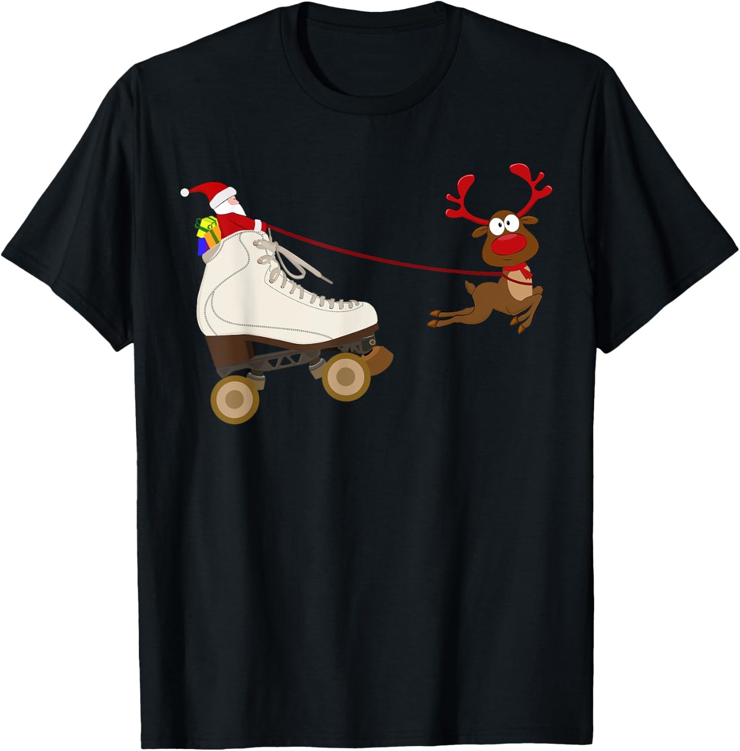 Santa In A Christmas Roller Skate Sleigh Skating Festive T-Shirt - T-Shirt | Black