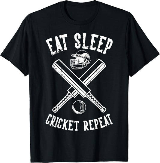 Eat Sleep Cricket Repeat | Bat Cricket T-Shirt - T-Shirt | Black