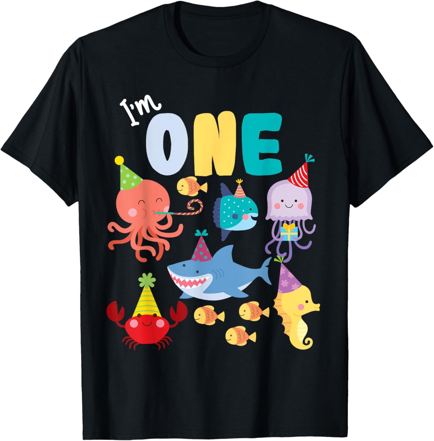Cute Sea Animals Ocean Creatures Party 1st Birthday I'm One T-Shirt - T-Shirt | Black