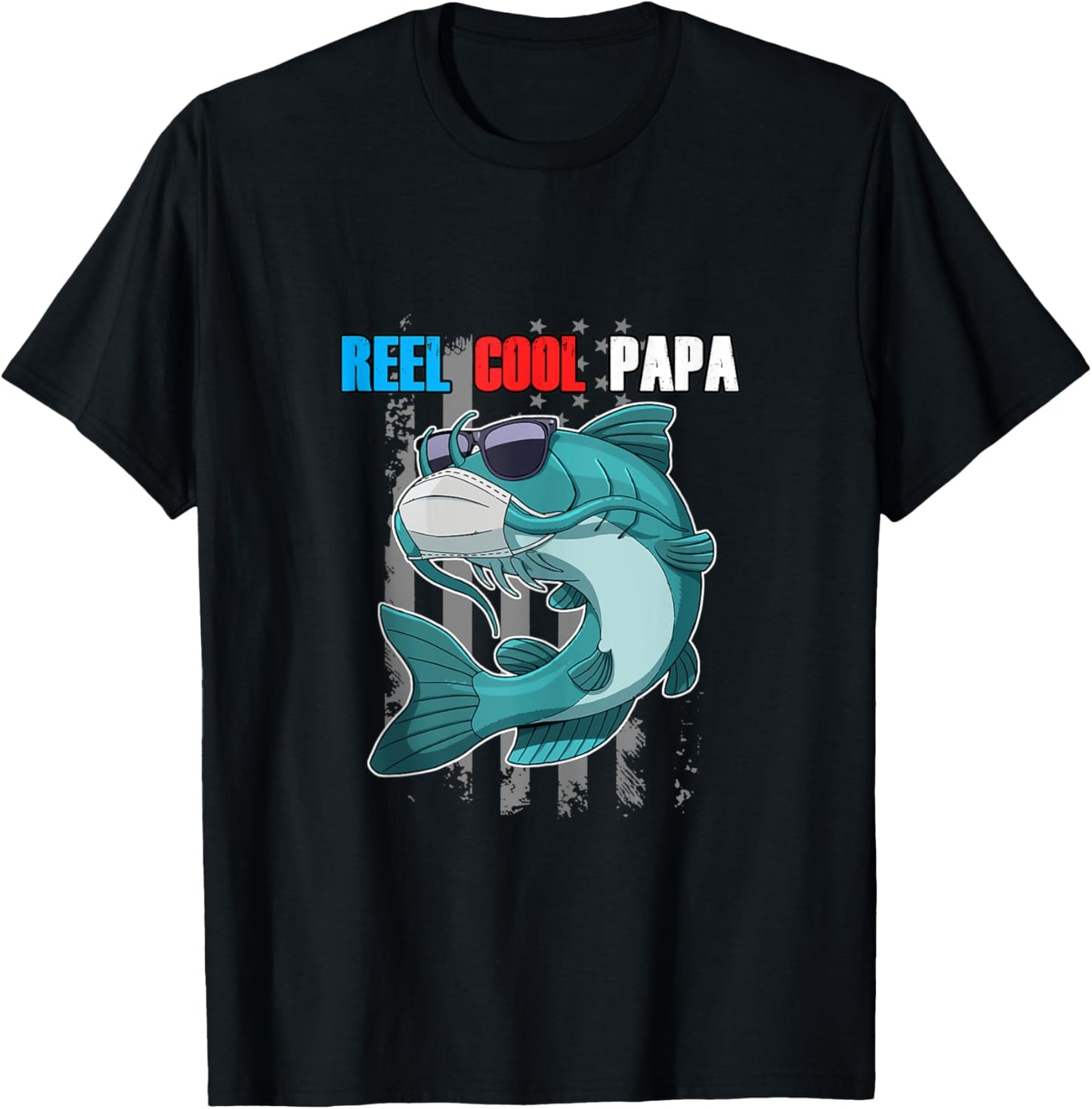 Reel Cool Papa Fish In Mask Sunglasses USA Flag Fishing T-Shirt - T-Shirt | Black