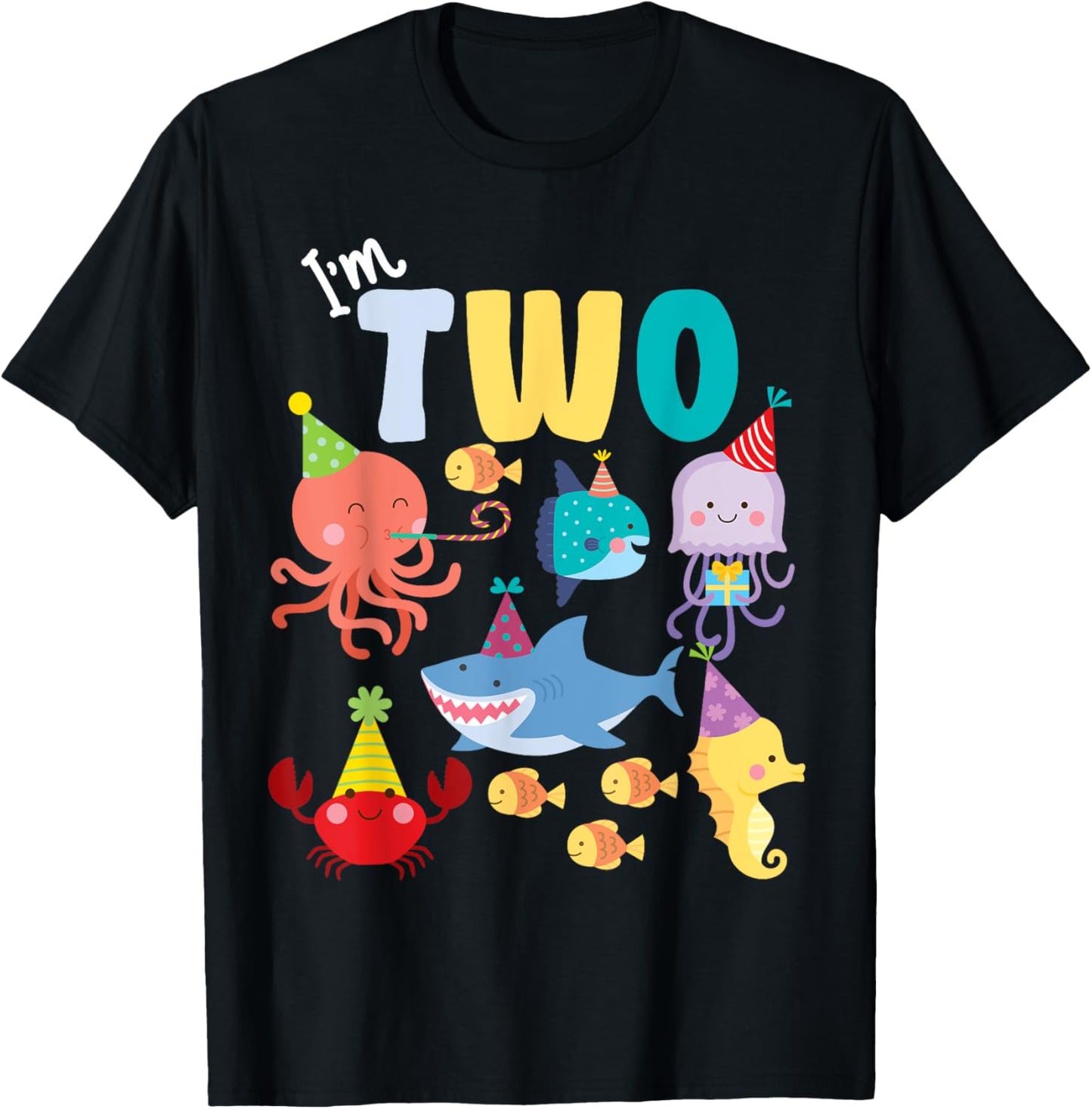 Cute Sea Animals Ocean Creatures Party 2nd Birthday I'm Two T-Shirt - T-Shirt | Black