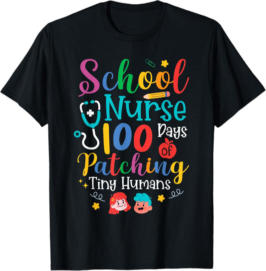 School Nurse 100 Days of Patching Tiny Humans T-Shirt - T-Shirt | Black