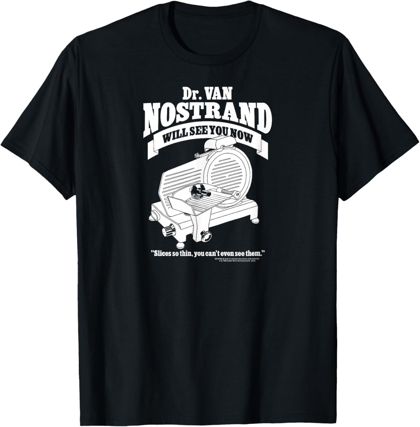 Seinfeld Dr. Van Nostrand Meat Slicer Funny 90's TV Show T-Shirt - T-Shirt | Black