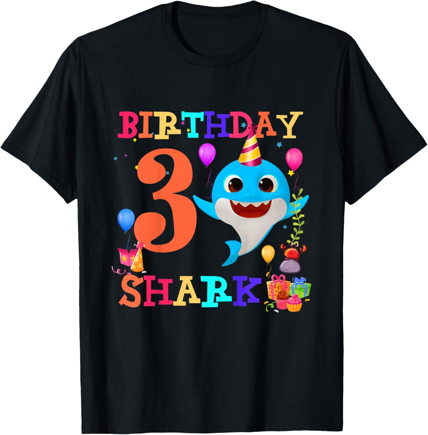 Kids 3 Year Old 3rd Birthday Shark Boys girls Toddlers Kids T-Shirt - T-Shirt | Black