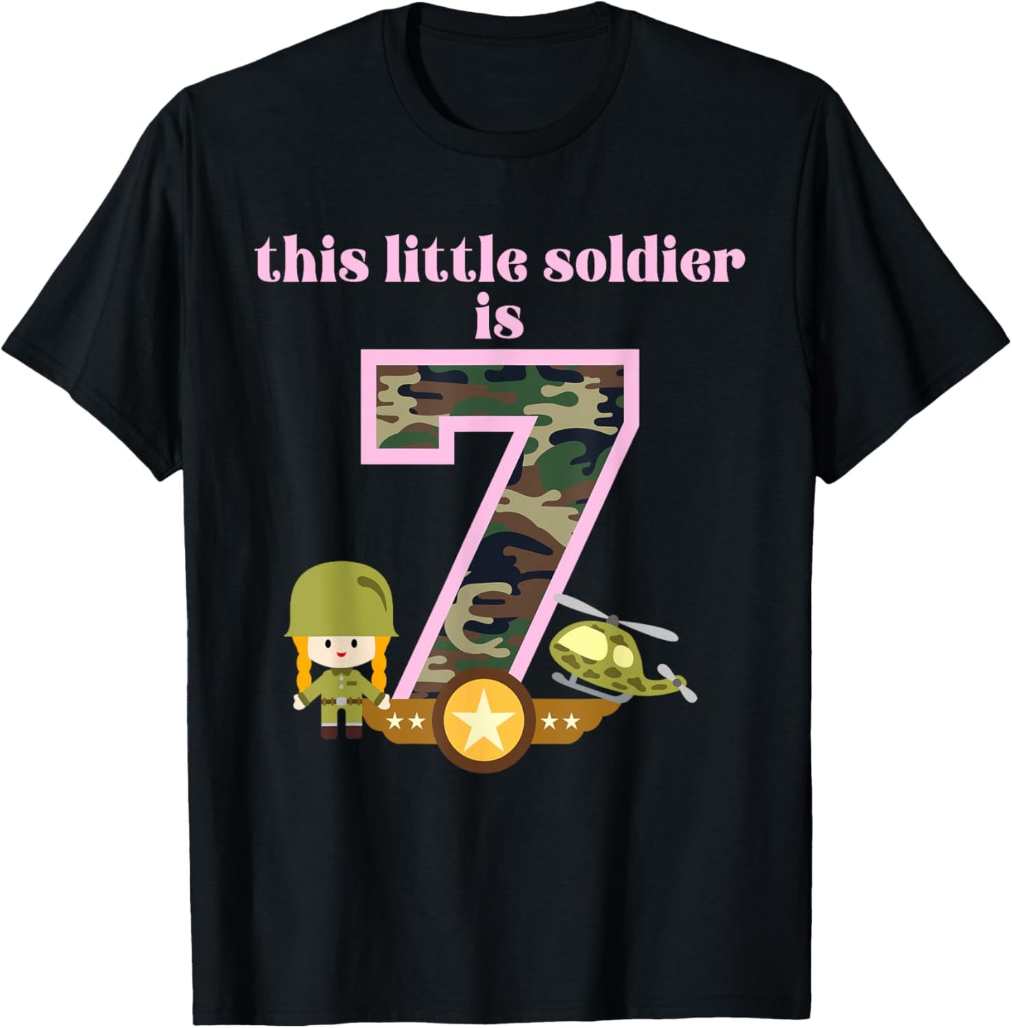 This Little Soldier is 7 Birthday Party Army Military Girls T-Shirt - T-Shirt | Black