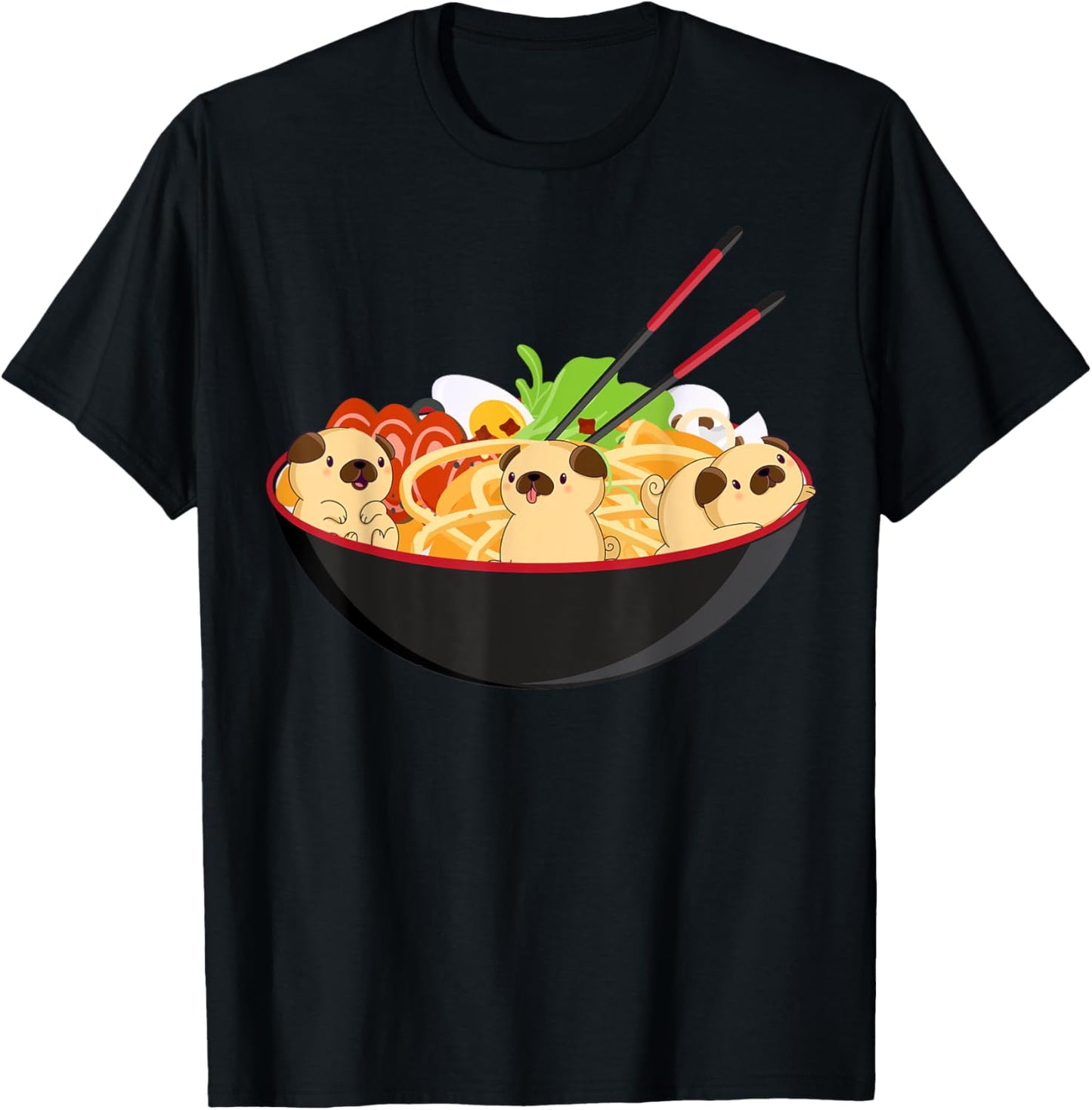 Cute Pug & Ramen Kawaii Anime Pug Puppy Lover Gift T-Shirt - T-Shirt | Black