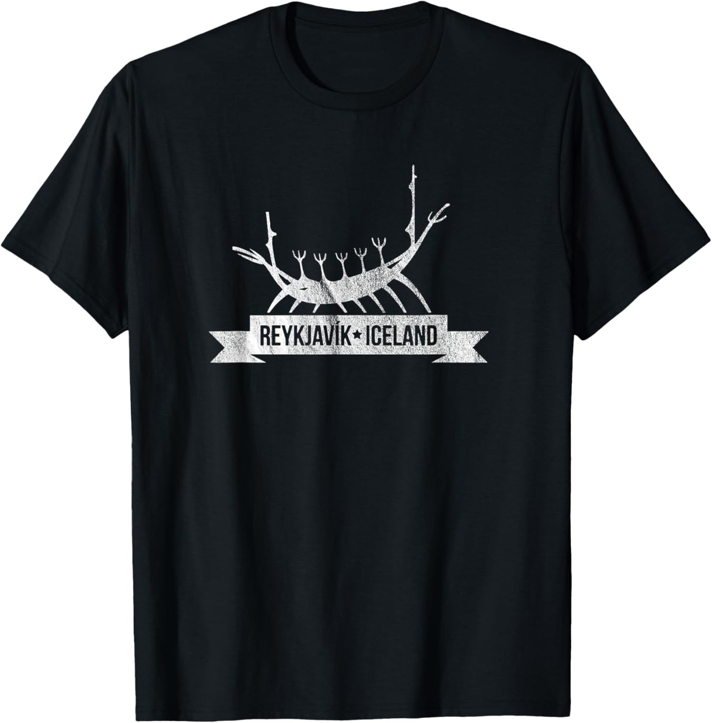 Vintage Reykjavik Iceland Shirt with Viking Ship Art T-Shirt - T-Shirt | Black