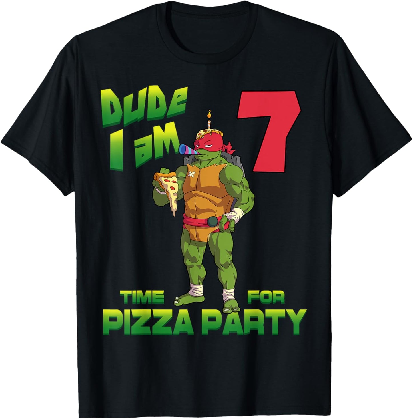 Mademark x Teenage Mutant Ninja Turtles - Dude I am 7 Years Old Raphael Pizza Birthday Party T-Shirt - T-Shirt | Black