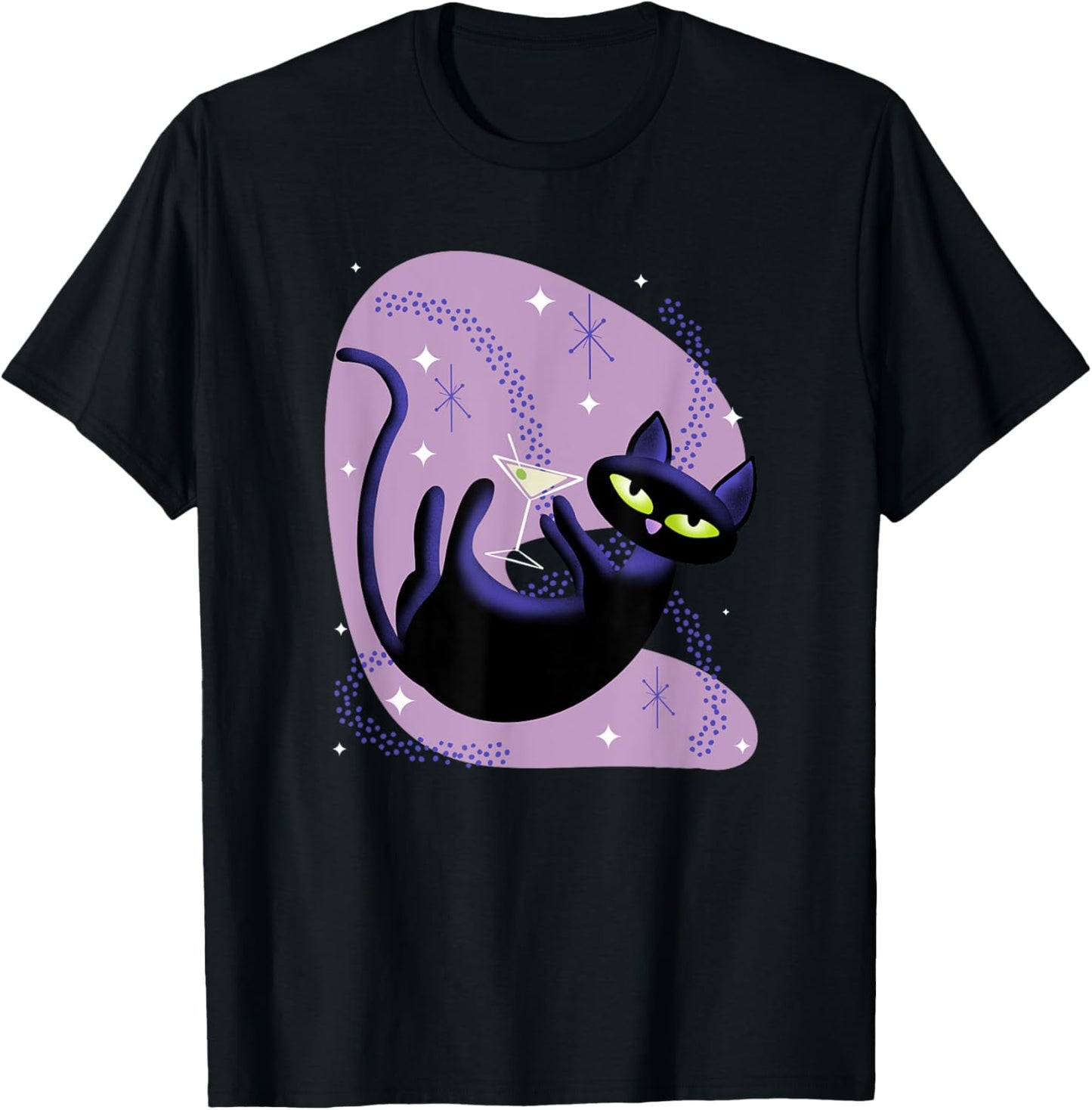 Cool Retro Atomic Cat Swimming in Space with Martini Men Women T-Shirt - T-Shirt | Black