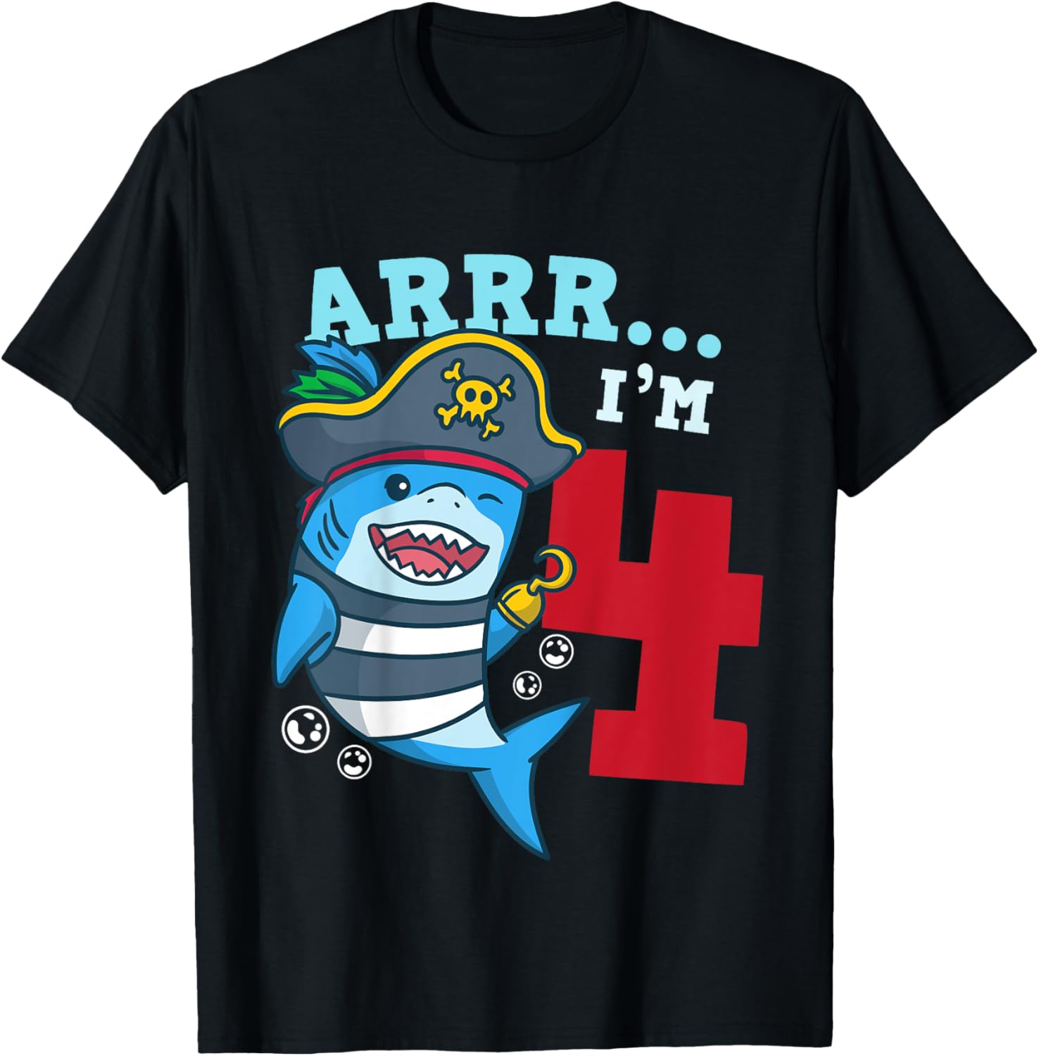 4th Birthday Pirate Shark I’m 4 Four Years Old Gift T-Shirt - T-Shirt | Black