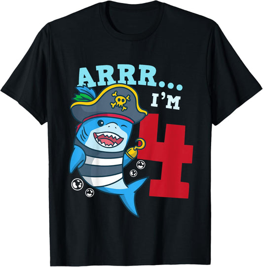 4th Birthday Pirate Shark I’m 4 Four Years Old Gift T-Shirt - T-Shirt | Black
