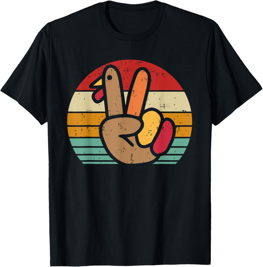 Peace Sign Turkey Hand Thanksgiving Retro Vintage Men Women T-Shirt - T-Shirt | Black