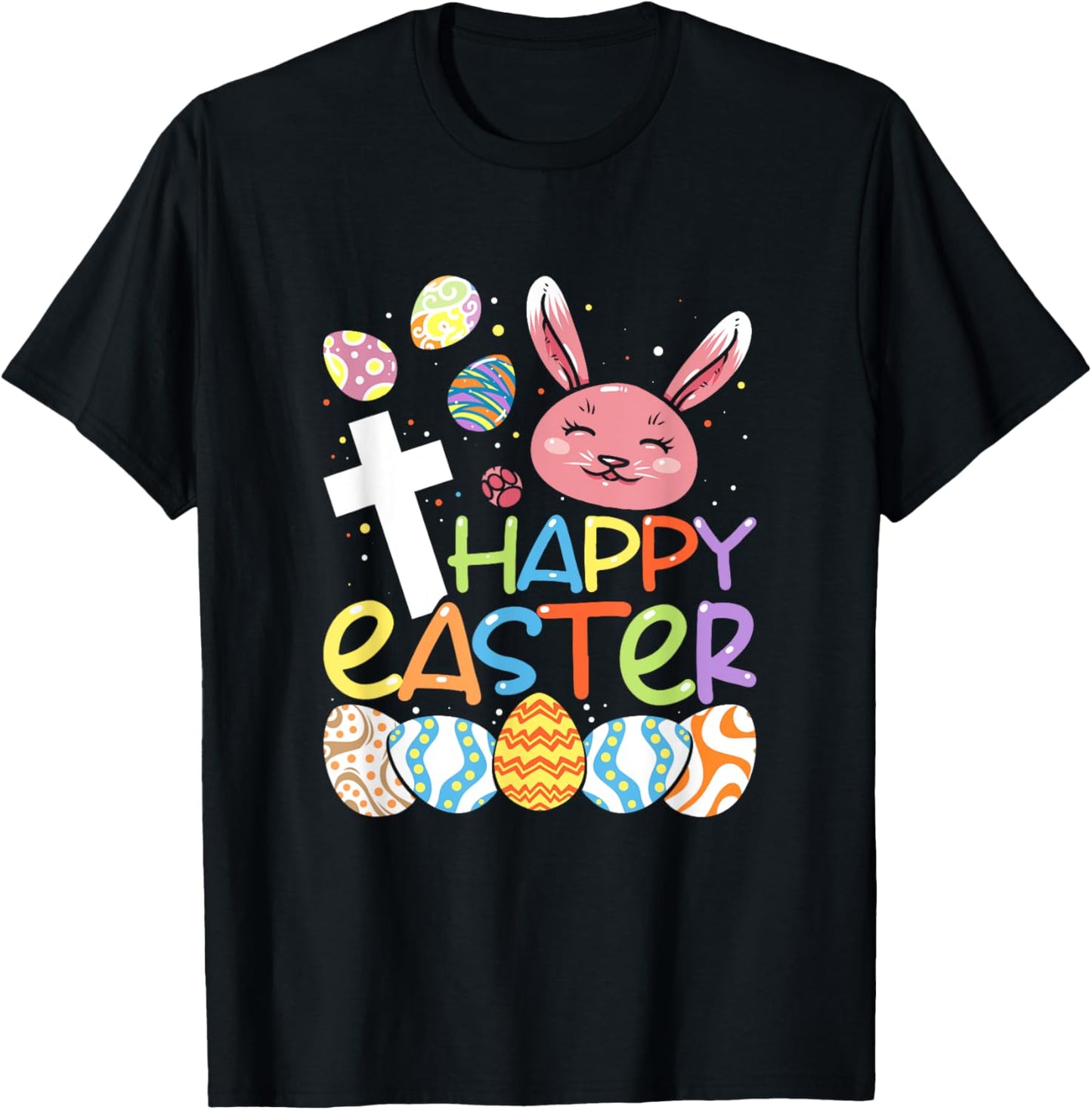 Religious Happy Easter Bunny Rabbit Eggs Jesus Cross Kids T-Shirt - T-Shirt | Black