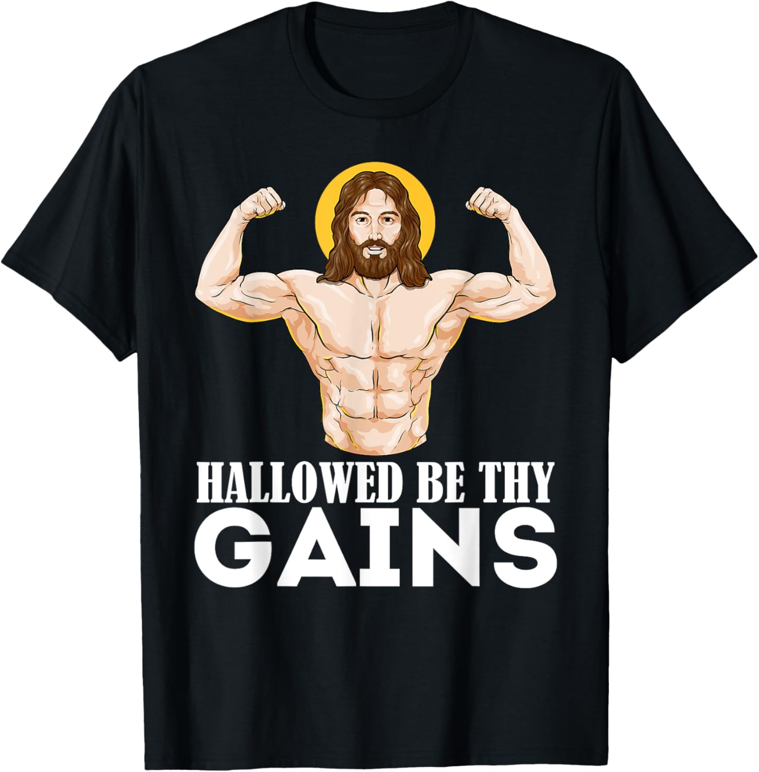 Hallowed Be Your Gain Funny Muscle Jesus Weightlifting T-Shirt - T-Shirt | Black