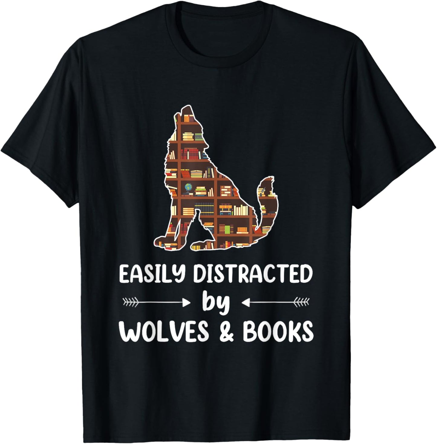 Easily Distracted by Wolves and Books Nerds Men Women Kids T-Shirt - T-Shirt | Black