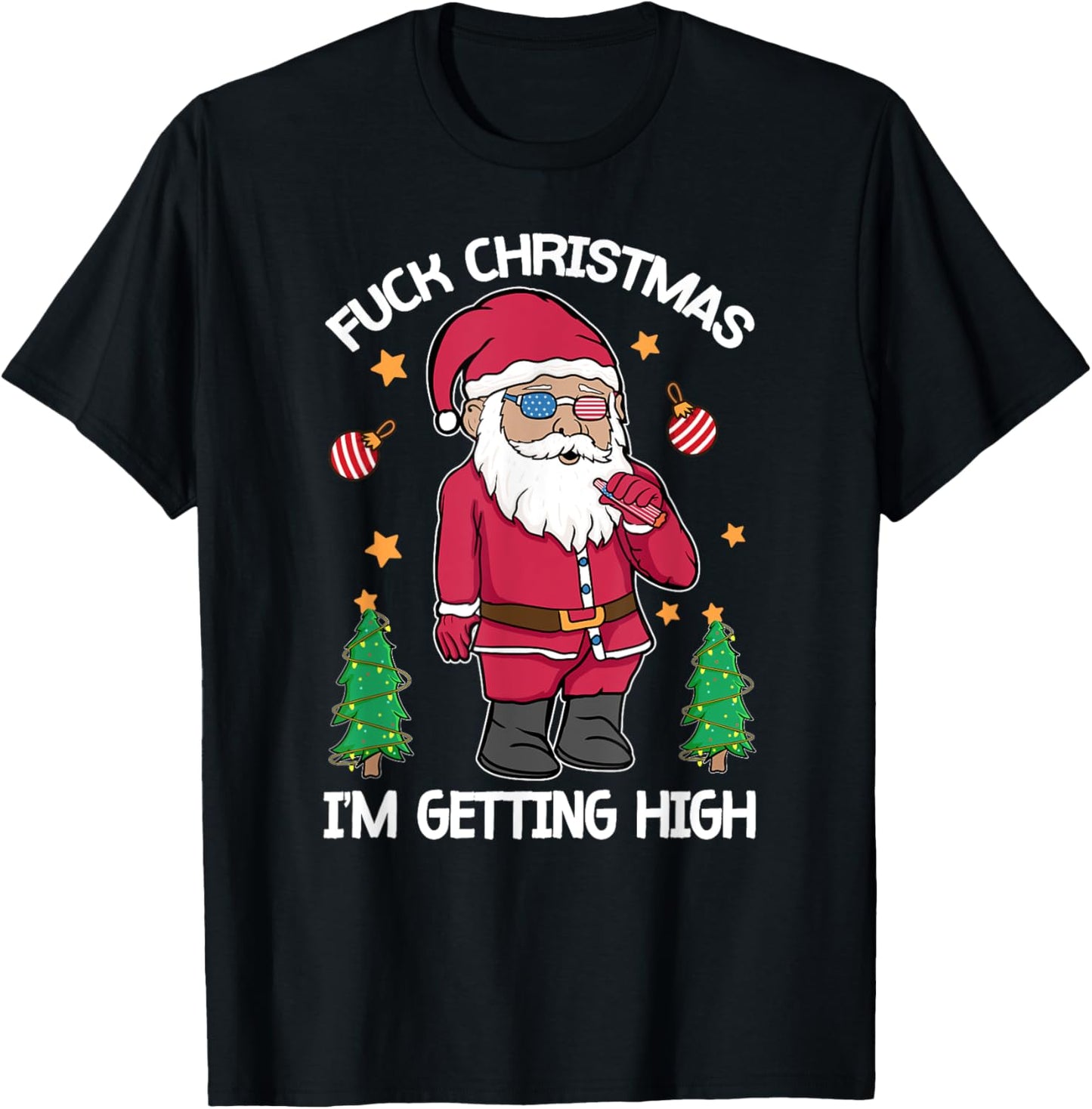 Fuck Christmas Weed Smoking American Gnome Sarcastic Xmas T-Shirt - T-Shirt | Black