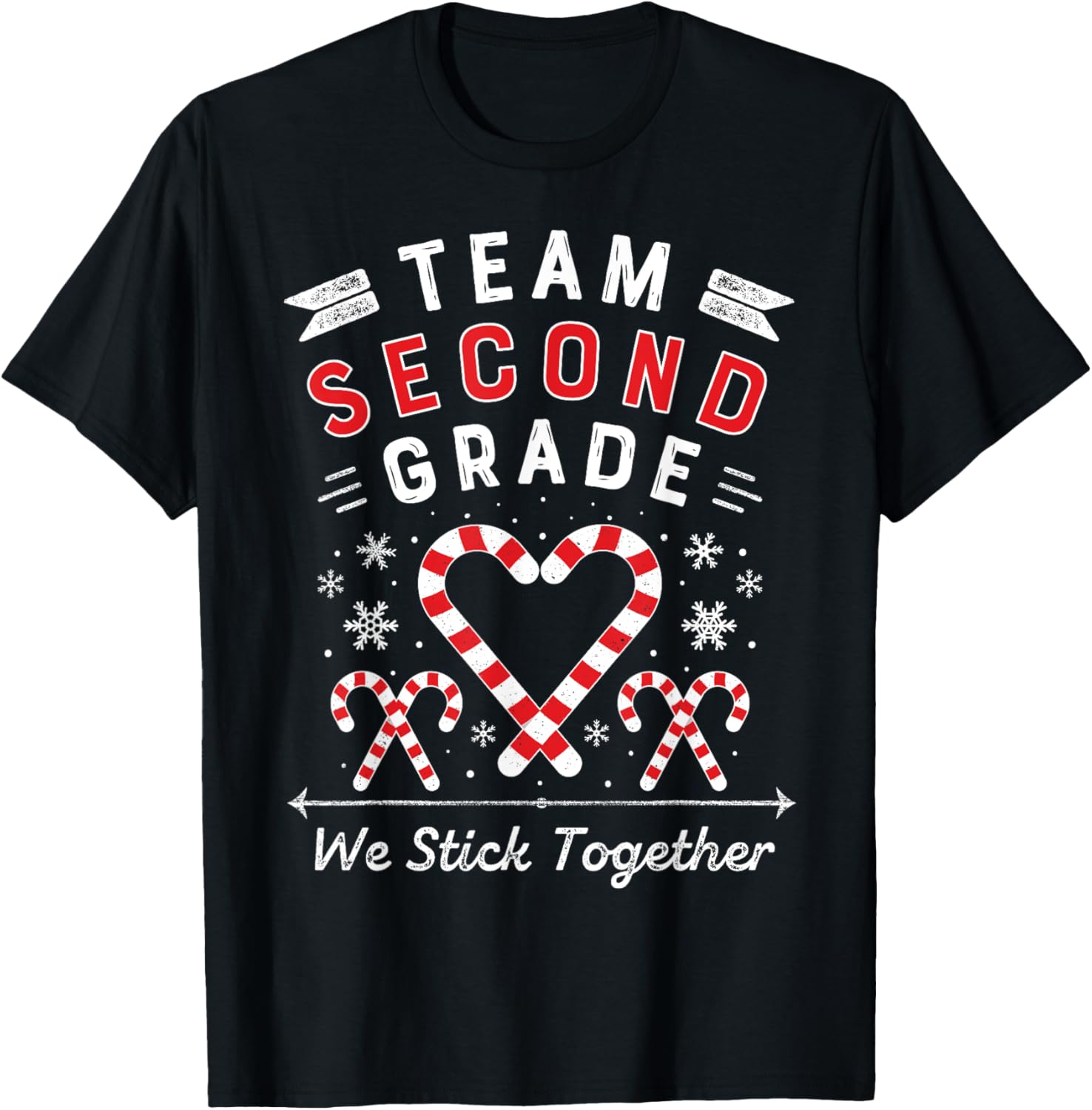 Team Second Grade Christmas Candy Cane Heart | Xmas Teacher Men Women Kids T-Shirt - T-Shirt | Black