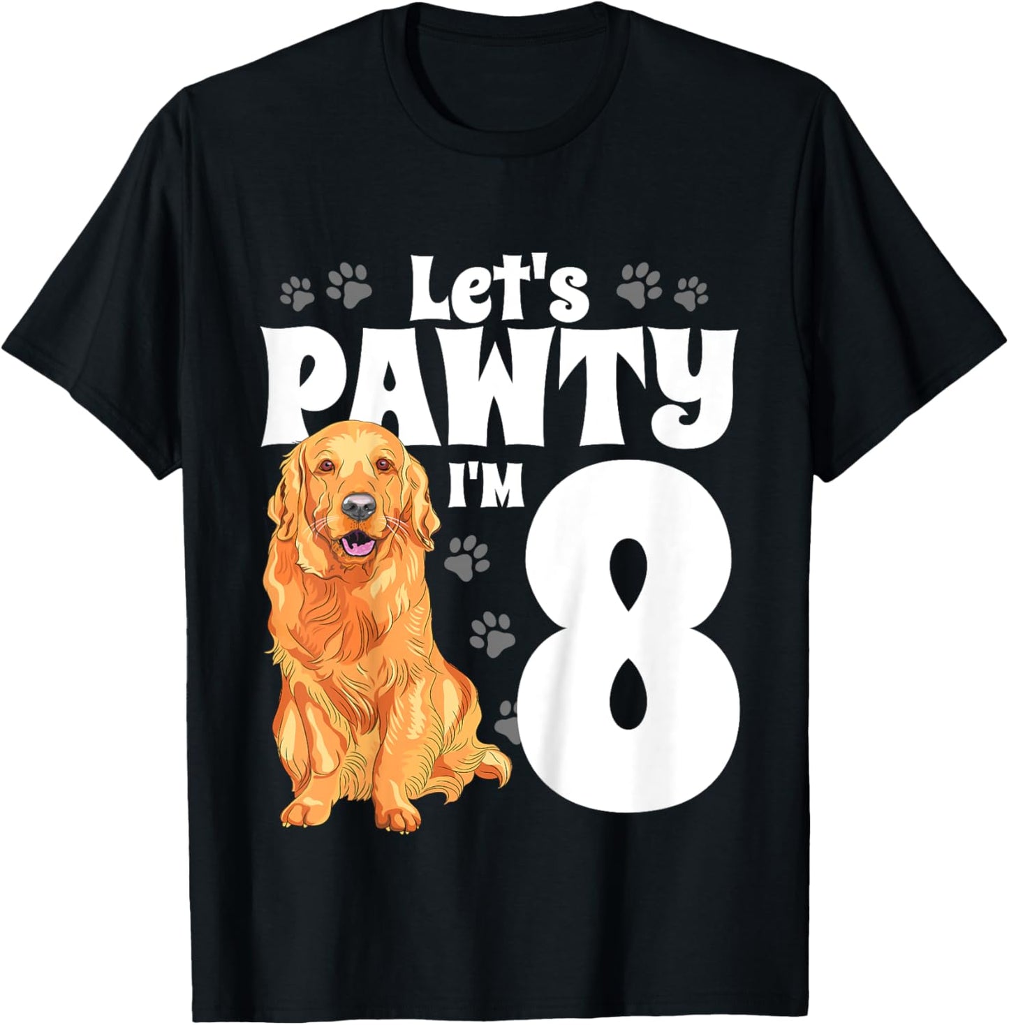 8 Year Old Golden Retriever Dog Birthday Pawty Dogs 8th Gift Girls Kids T-Shirt - T-Shirt | Black