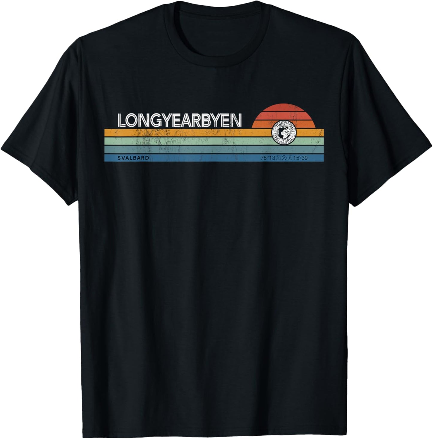 Longyearbyen Svalbard Norway Retro Sunset Rainbow Synth Idea T-Shirt - T-Shirt | Black
