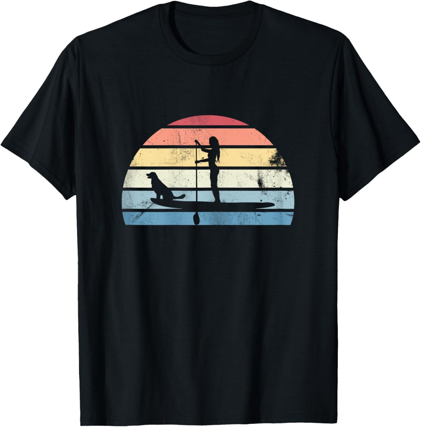 Retro Paddleboarding Girl with Dog Sunset Gift T-Shirt - T-Shirt | Black