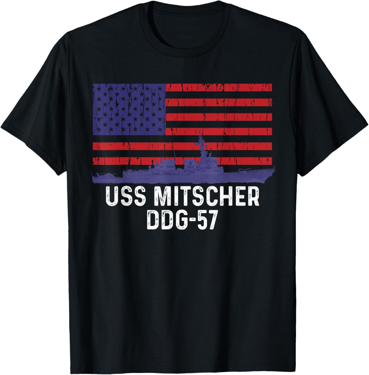 American Flag USS Mitscher DDG-57 Destroyer T-Shirt - T-Shirt | Black