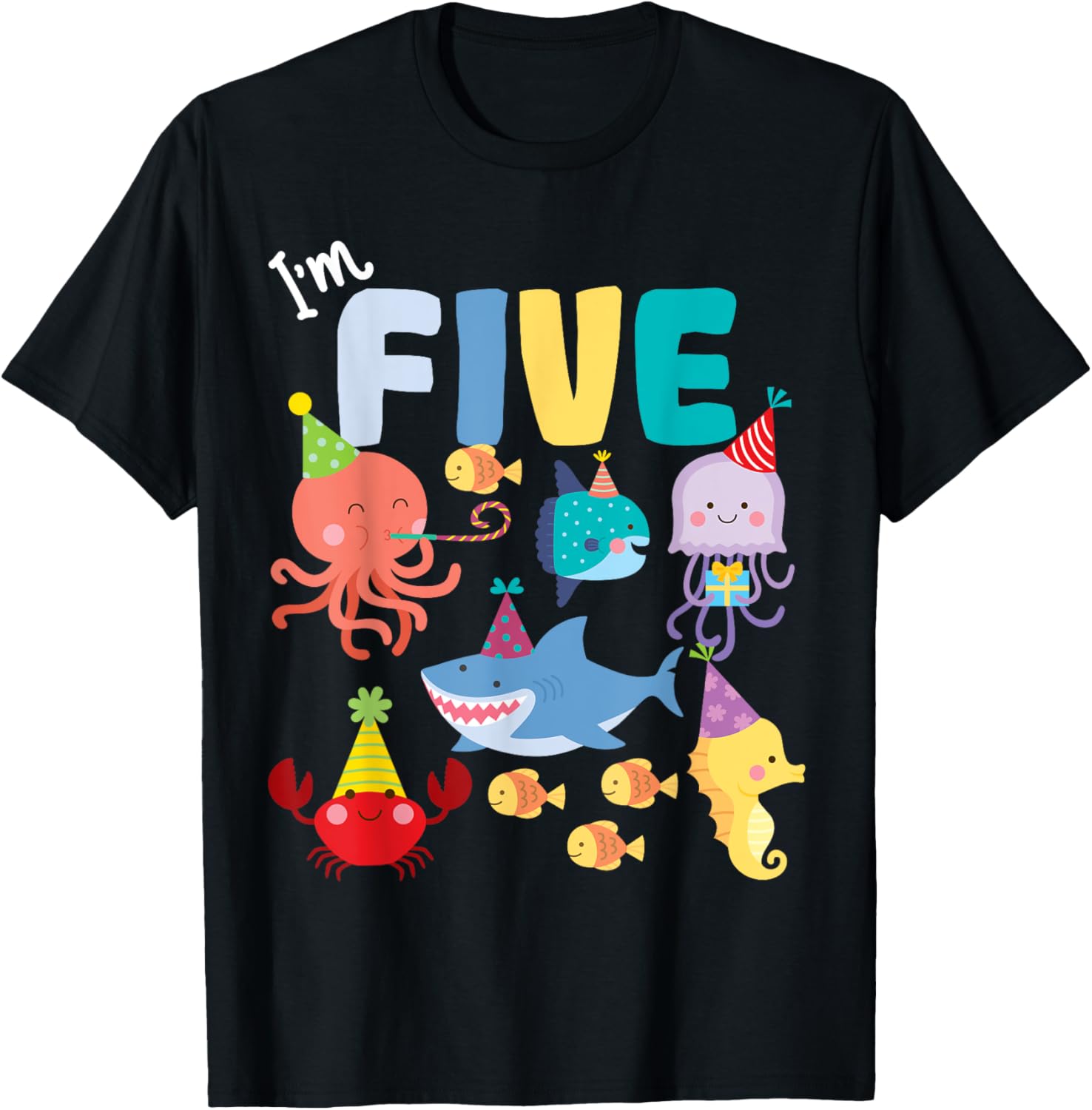 Cute Sea Animals Ocean Creatures Party 5th Birthday I'm Five T-Shirt - T-Shirt | Black