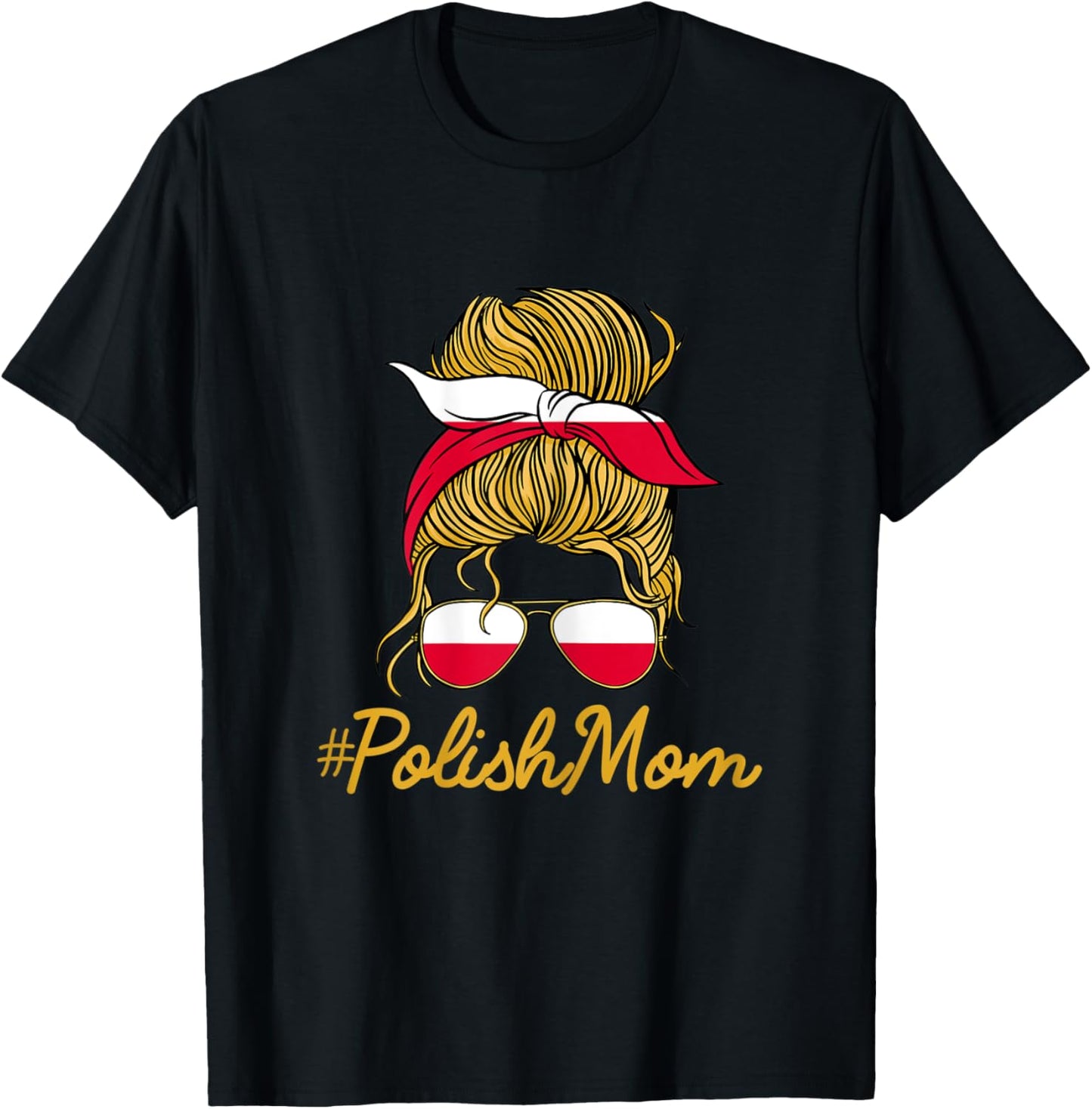 Polish Mom Mothers Day Polska Messy Bun Poland Mama T-Shirt - T-Shirt | Black