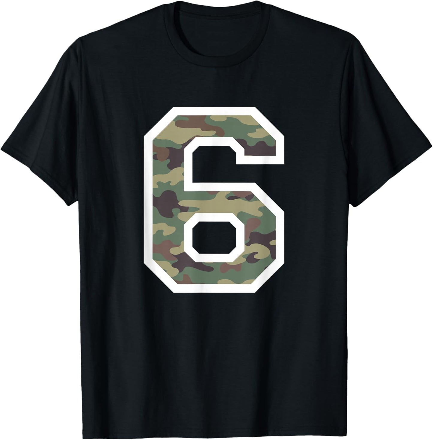 Jersey Uniform Number #6 Six, Camo Camouflage T-Shirt - T-Shirt | Black