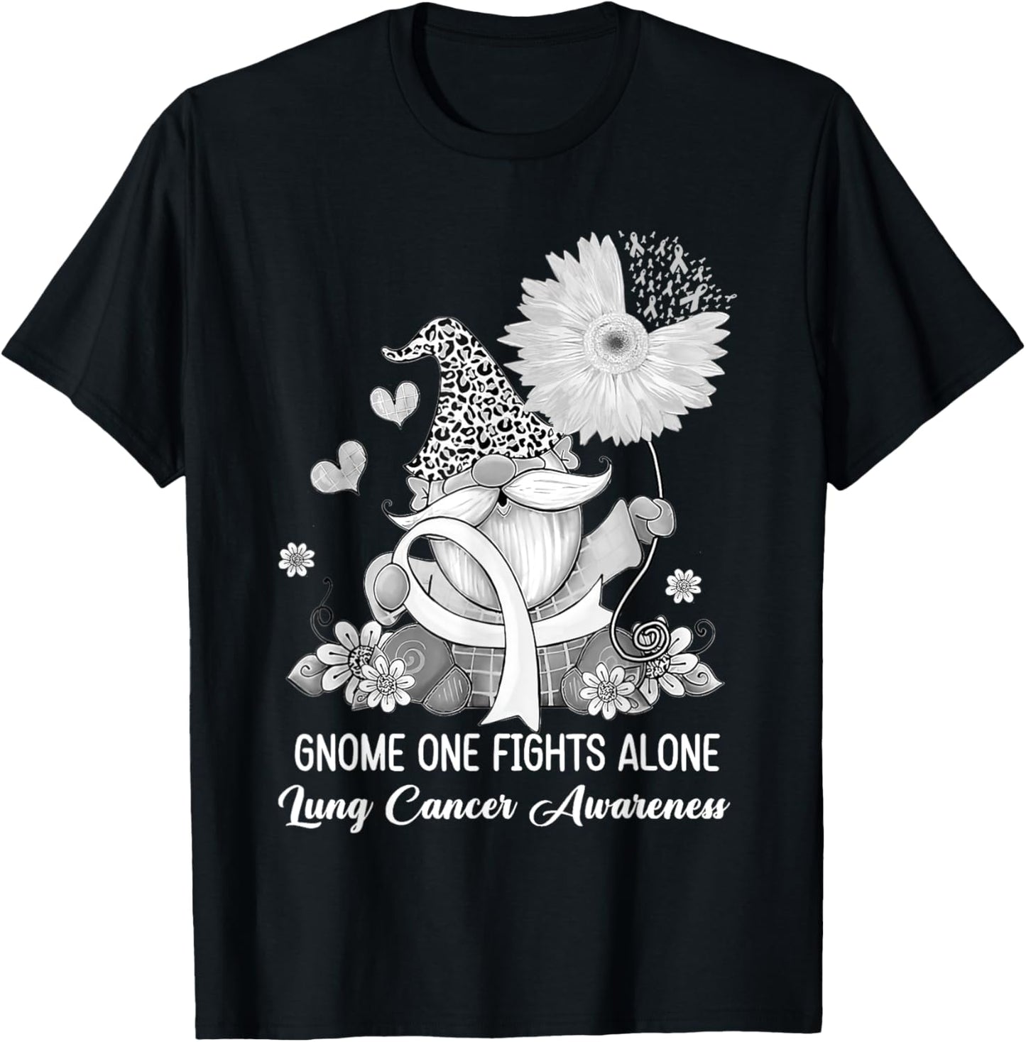 Gnome One Fights Alone Ribbon Lung Cancer Awareness T-Shirt - T-Shirt | Black