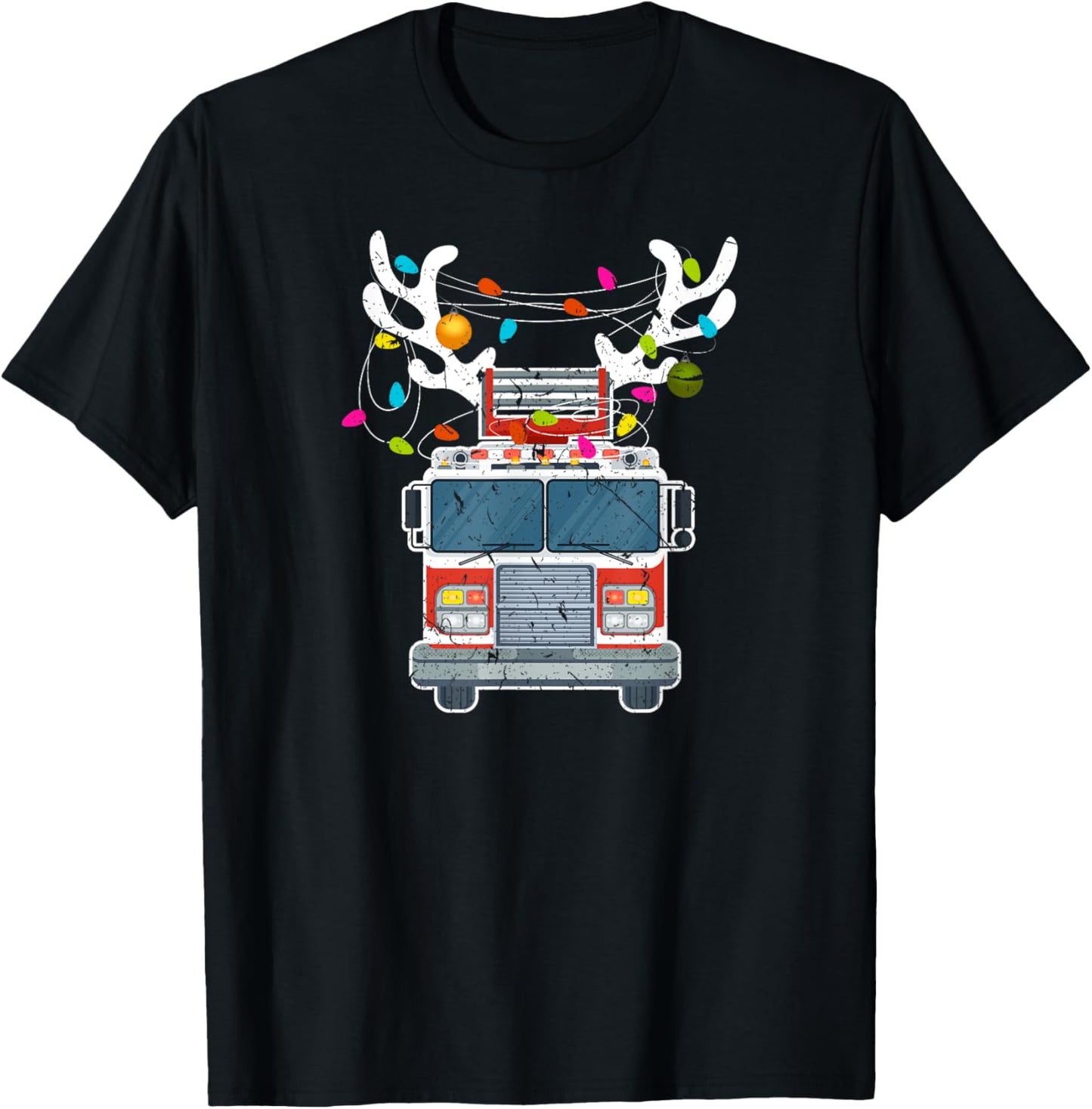 Xmas Fire Truck Reindeer Christmas Firefighter T-Shirt - T-Shirt | Black