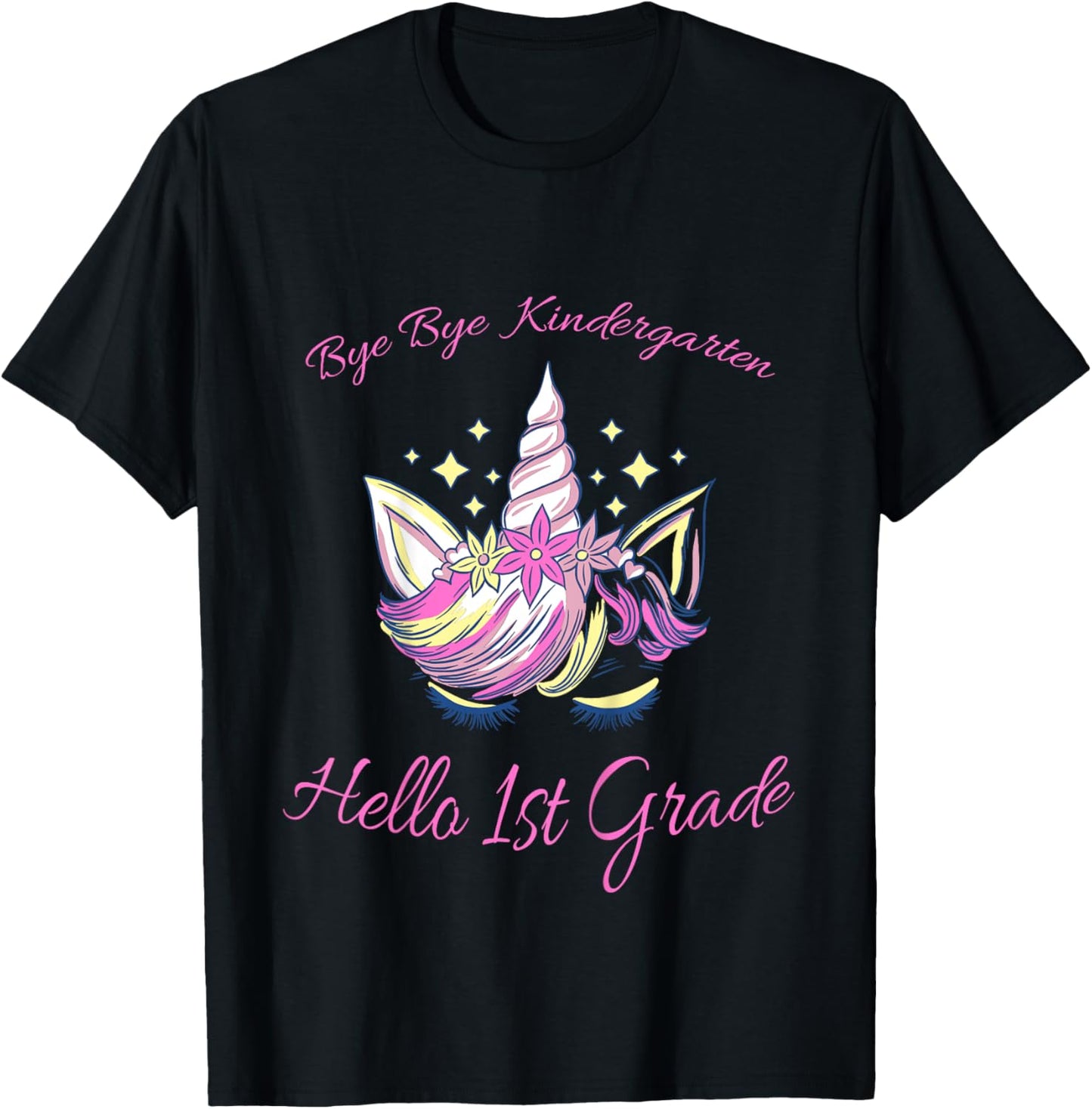 Kids Bye Bye Kindergarten, Hello 1st Grade pink Unicorn T-Shirt - T-Shirt | Black