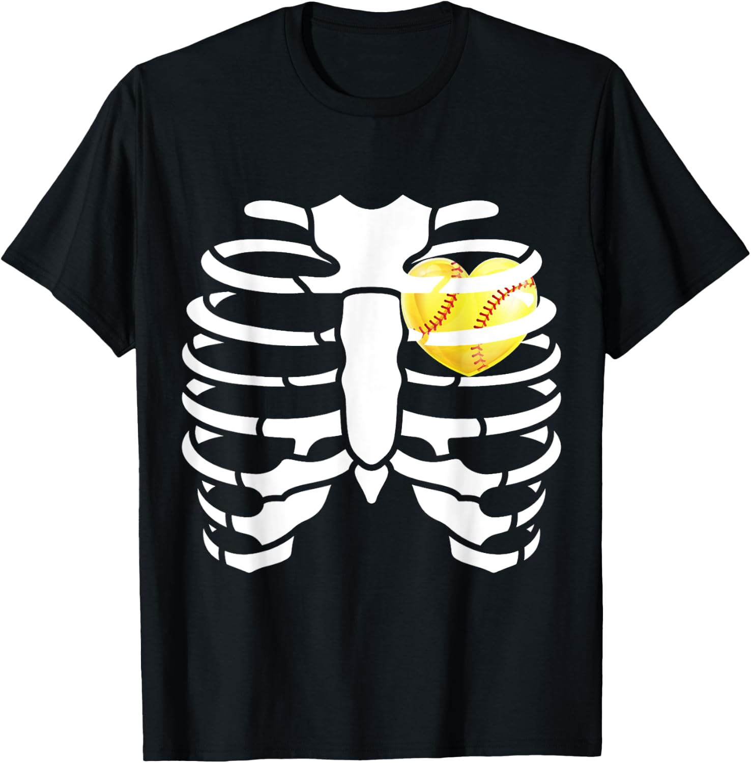 Softball Heart Inside Ribs Skeleton Halloween Costume T-Shirt - T-Shirt | Black