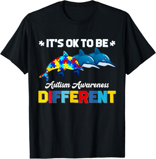 Cute Puzzle Dolphin It's Ok To Be Different Autism Awareness T-Shirt - T-Shirt | Black