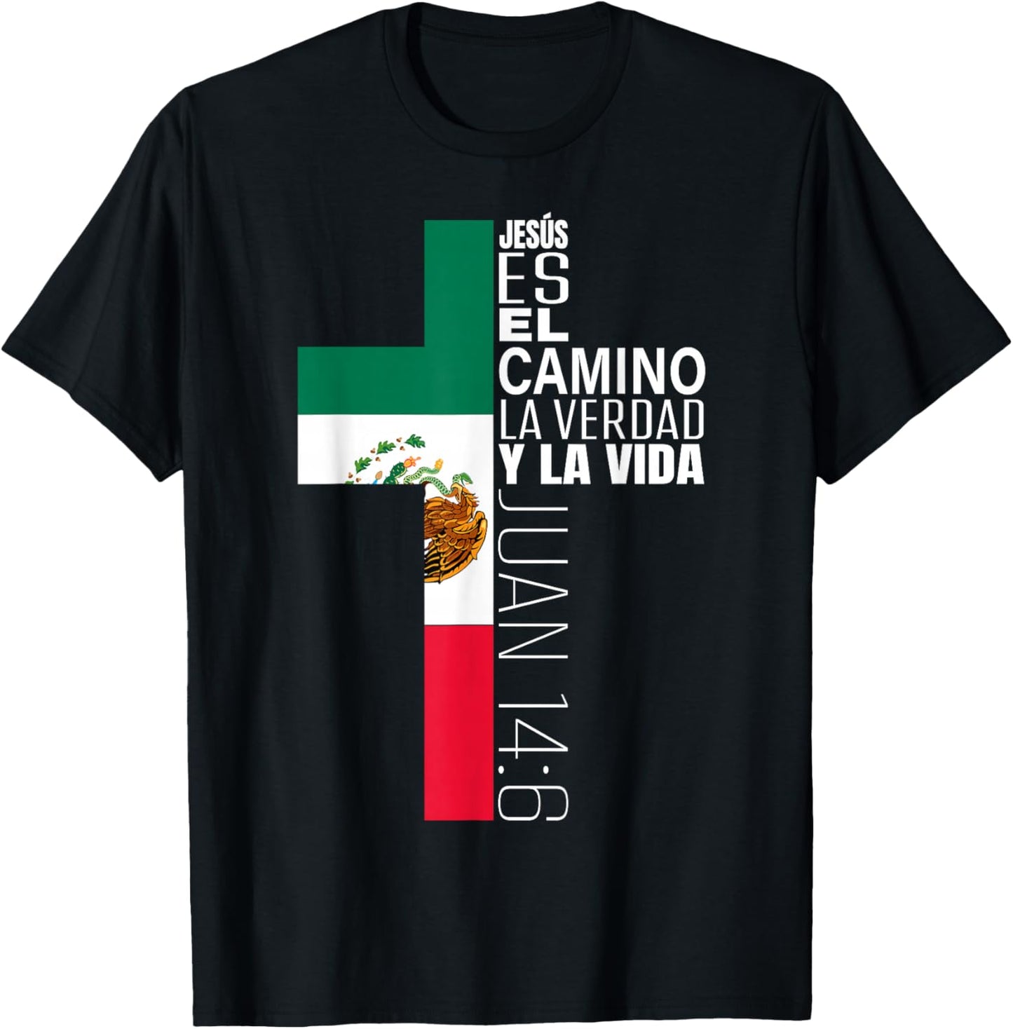 Jesus Christian Bible Verse Gifts Spanish Mexican Flag Cross T-Shirt - T-Shirt | Black