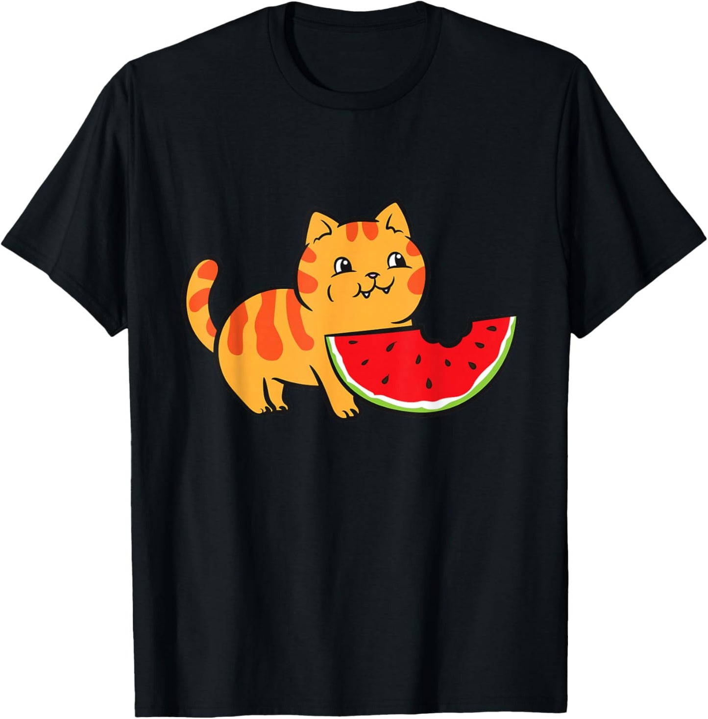 Watermelon Fruit Funny Cat Eating Watermelon T-Shirt - T-Shirt | Black