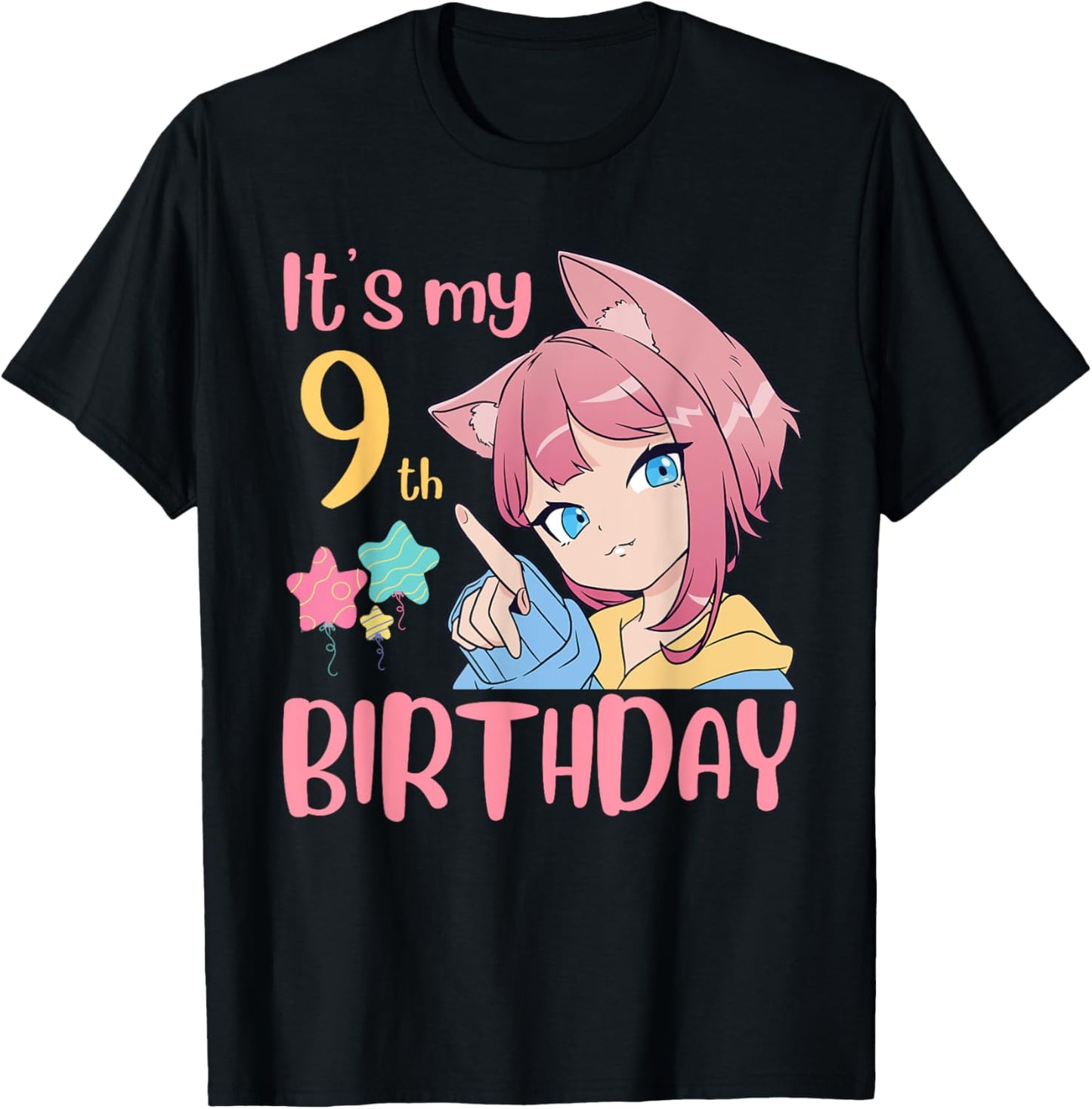 It's My 9th Birthday Anime Birthday Girl 9 Years Old Bday T-Shirt - T-Shirt | Black