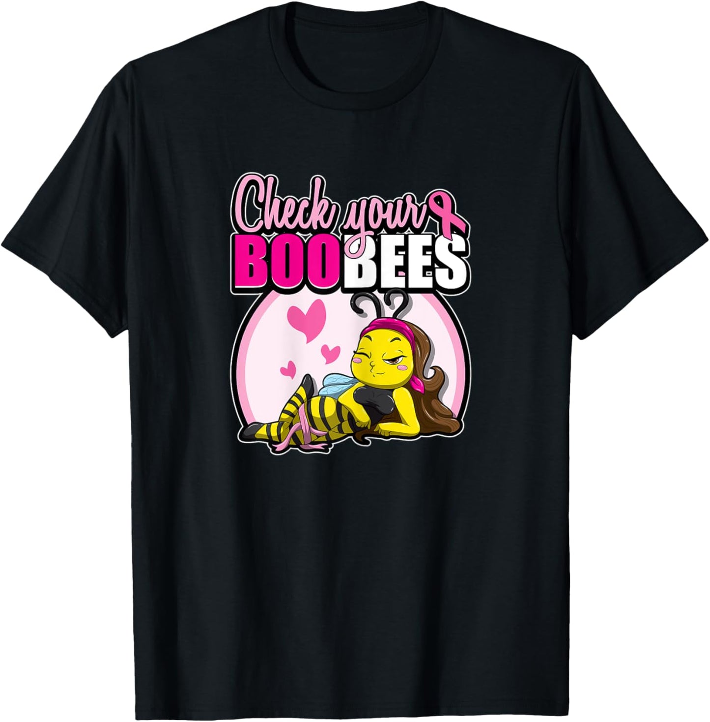 Breast Cancer Awareness Bee Pink Ribbon Check Your Boobees T-Shirt - T-Shirt | Black