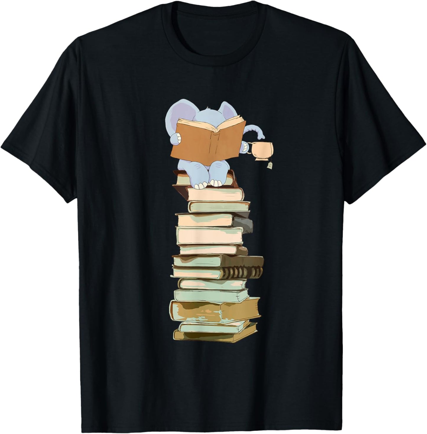 Kawaii Elephant, Books Coffee Tea Gift T-Shirt - T-Shirt | Black