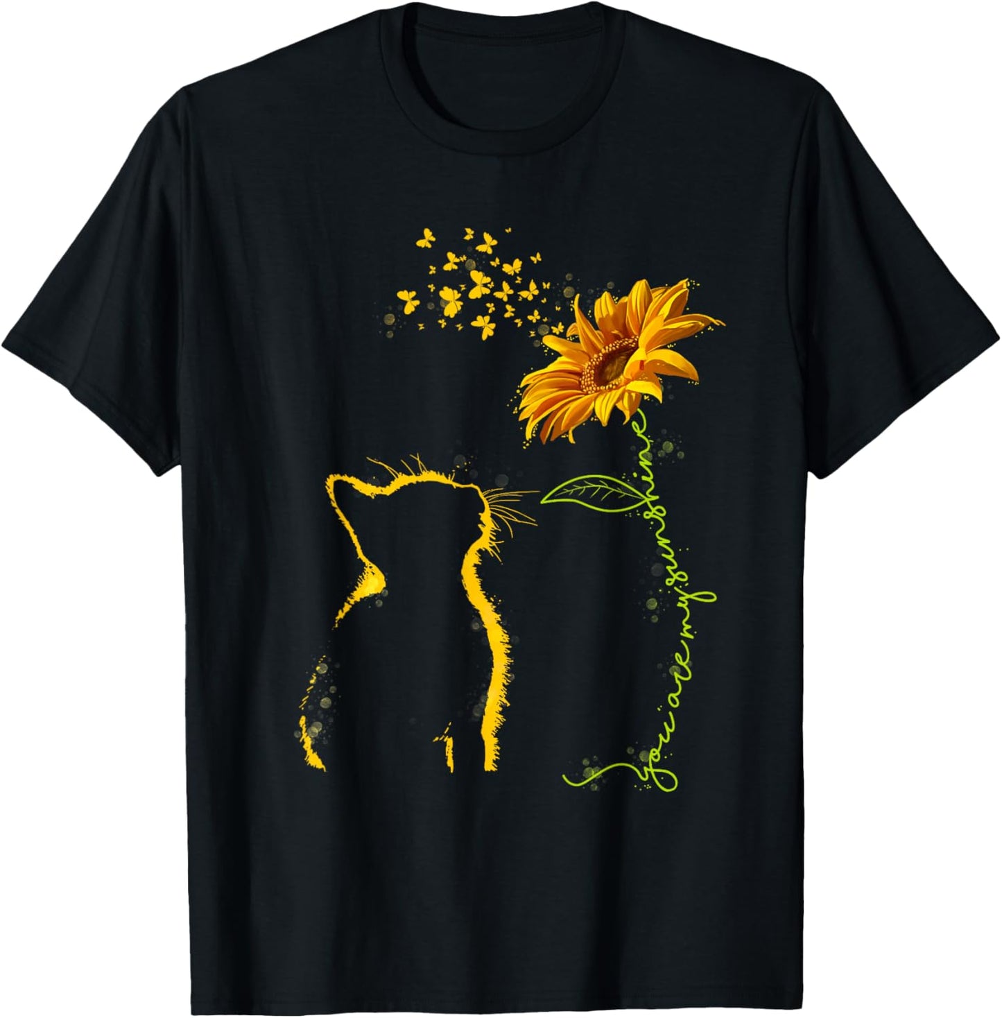 Sitting Yellow Kitten Sunflower Fragrance Butterfly T-Shirt - T-Shirt | Black
