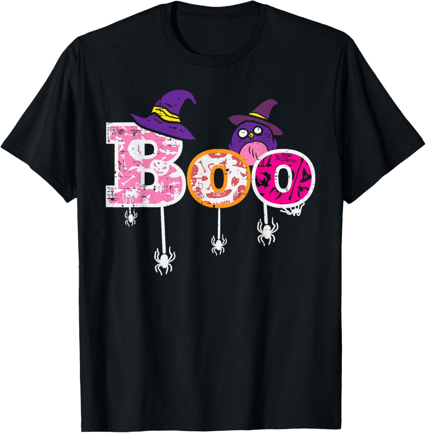 Pink Boo Spider Owl Scary Halloween Costume Women Girl Kids T-Shirt - T-Shirt | Black